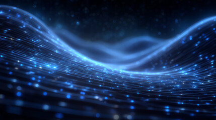 Fototapete - Blue light waves flow gracefully across an abstract digital landscape. The setting captures a futuristic atmosphere with shimmering particles enhancing motion and depth