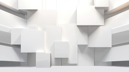 Poster - White abstract geometric cube wall, modern minimal background, clean three dimensional square pattern, bright and futuristic