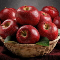Poster - Fresh red apple fruit basket juicy natural healthy delicious organic vibrant closeup with green leaf