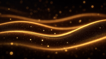 Poster - Swirling golden waves illuminated by sparkling particles create an enchanting abstract effect. Dark background enhances luminous appearance, ideal for digital art, luxury branding, event promotions