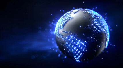 Poster - Globe made of glowing blue dots spins against dark background, symbolizing digital interconnectedness. Concept for technology, innovation, global business
