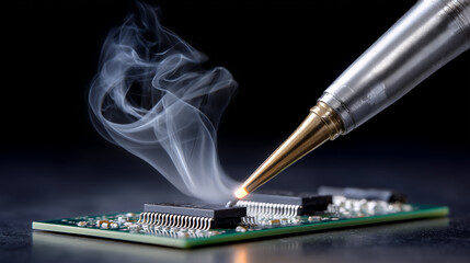Poster - Soldering tool applies heat to circuit board, producing smoke. Detailed setting showcases electronic components in workshop environment