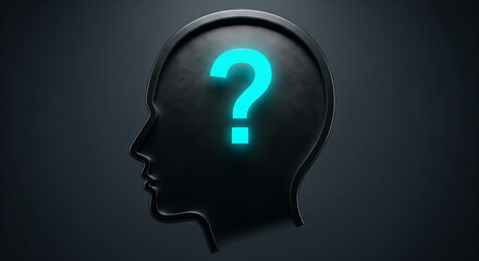 Poster - Dark head profile silhouette with glowing cyan question mark inside, representing inquiry, uncertainty, or problem-solving concept