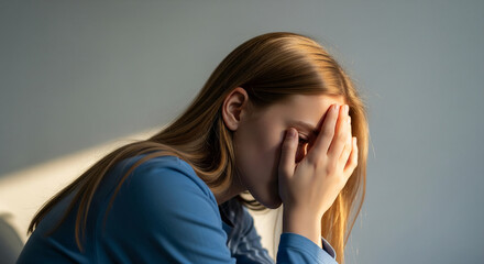 Poster - Side profile of young woman with long blonde hair, covering face with hand, suggesting sadness or contemplation, showcasing vulnerability and emotional depth