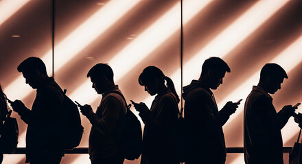 Poster - Silhouettes of people using phones against a diagonally striped wall, showcasing modern technology dependence and social interaction