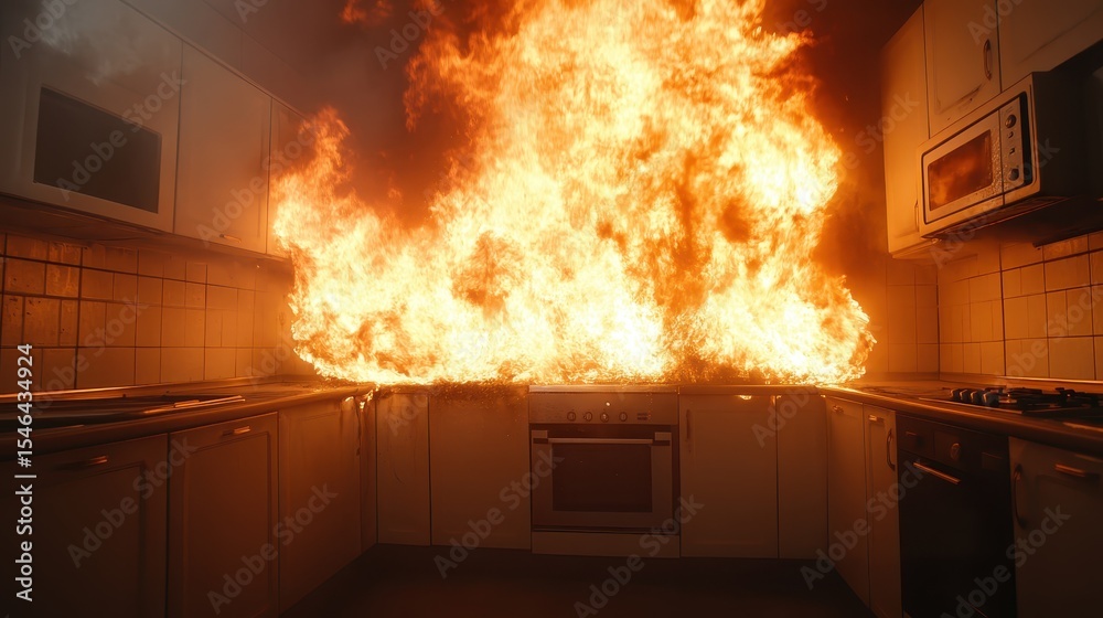 Kitchen Fire Risks Foto de Stock This image captures a dramatic kitchen fire, showcasing ...