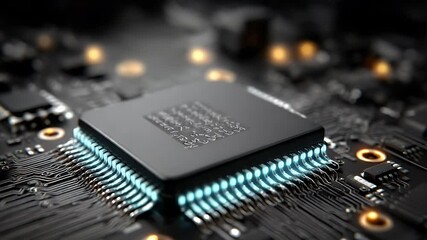 Poster - Glowing Microchip Close Up: High Tech Circuit Board Detail
