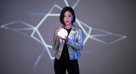 Poster - Woman holding glowing sphere in creative portrait with abstract background