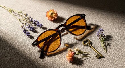 Poster - Sunglasses with flowers and a vintage key arranged on textured surface