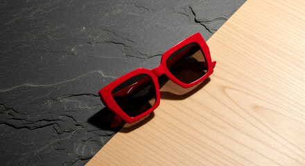 Poster - Red fashion sunglasses on black slate wood