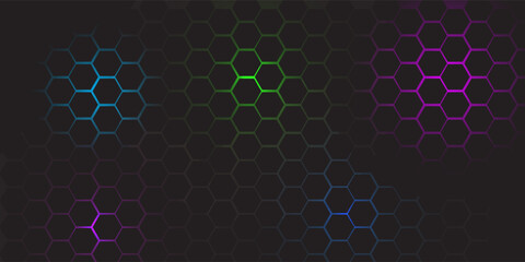 Aufkleber - Colorful glowing hexagon pattern on dark background, futuristic digital design with blue, green, and purple lights.