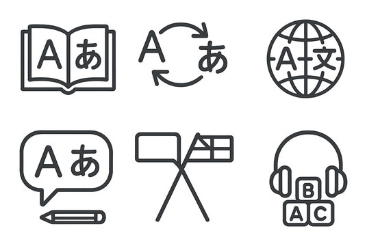 Language learning icons set – linear, education and translation symbols