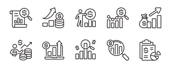 Poster - financial report icon line set business earning growth chart bar vector accounting performance analysis evaluation signs outline illustration