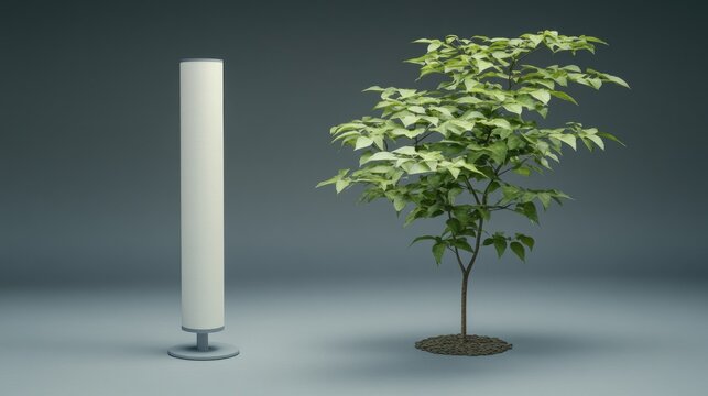 Cylindrical lamp and small tree in a neutral  setting.