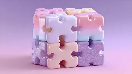 Poster - Pastel Puzzle Cube: Assembled Jigsaw Pieces in Soft Colors on Pink Background