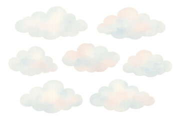 Poster - Soft, dreamy watercolor clouds floating on a transparent background create a whimsical atmosphere, perfect for various design projects