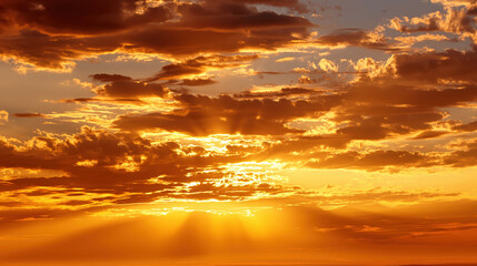 Aufkleber - Radiant sunset sky glows in layers of gold and red, with sunbeams piercing through scattered clouds, creating breathtaking and serene atmosphere