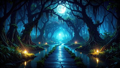 Poster - Eerie Pathway Leading into a Dark Mysterious Swamp at Night