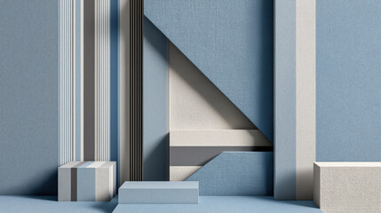 Poster - Geometric abstract art with pale blue and silver hues, featuring angular forms and textured surfaces. composition includes vertical and horizontal lines, creating modern and minimalist aesthetic