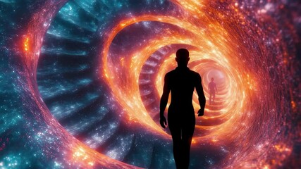 Poster - Exploring a surreal spiral tunnel of light and stars in a cosmic journey through space and time