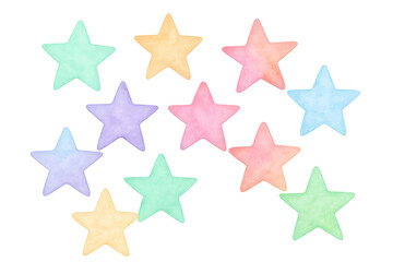 Poster - Eleven colorful watercolor stars are floating on a transparent background, creating a cheerful and dreamy atmosphere