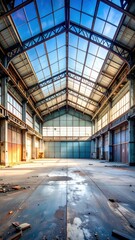 Poster - Abandoned Warehouse Interior with Broken Skylight and Steel Beams
