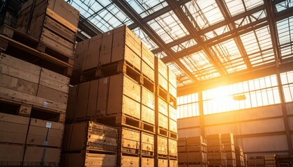 Poster - Abandoned Warehouse with Stacked Crates and Golden Hour Lighting