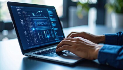 Person typing prompt command into futuristic software interface on a laptop in a tech workspace