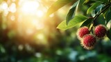 A close-up of rambutan fruits hanging amidst green foliage highlights their unique spiky appearance and vibrant red color against a warm, sunlit background.