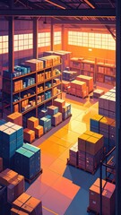 Poster - Golden Hour Light in Art Deco Warehouse with Shelves and Boxes