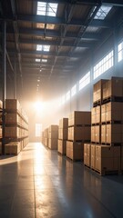 Poster - Art Deco Warehouse with Stacked Crates and Misty Light Effects