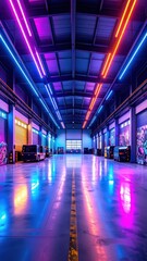 Poster - Vibrant Art Deco Warehouse with Graffiti and Neon Lighting Effects