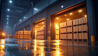 Poster - Art Deco Warehouse Interior with Rain and Firelight Illuminated Crates
