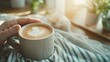 © svastix - A cozy scene featuring a hand holding a cup of warm coffee adorned with intricate latte art, perfect for evoking feelings of comfort and relaxation in any setting.