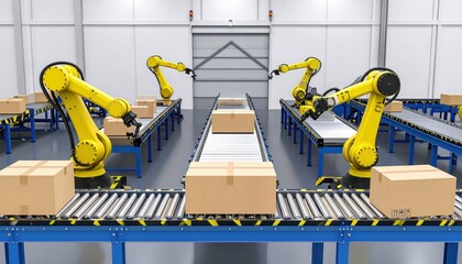 Poster - Robotic Arms in Warehouse Loading Bay with Conveyor Belt System