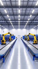 Poster - High-Tech Warehouse with Robots and Conveyor Belts Under Spotlight