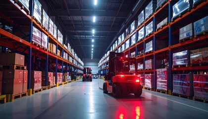 Poster - Forklift in Warehouse with Biohazard Signs and Emergency Lights
