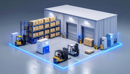 Poster - Modern Warehouse Interior with Forklifts and Ambient Lighting