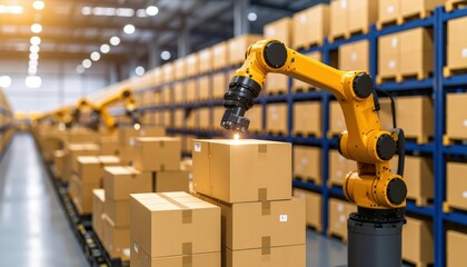 Poster - Robotic Arm Sorting Packages in a High-Tech Warehouse Environment