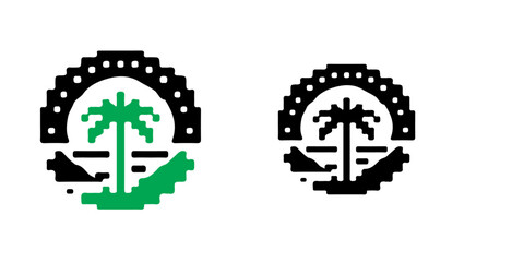 Poster - A pixelated emblem featuring a palm tree on an island surrounded by water under a dotted arch design