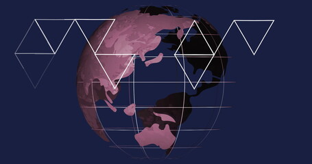 Poster - Rotating pink-toned globe showing grid lines against navy-blue backdrop with wireframe triangles
