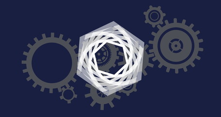 Poster - Rotating central white heptagonal spiral hovering over navy backdrop, with grey gear silhouettes