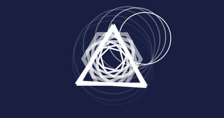 Poster - Featuring white triangle floating at center on navy canvas, with polygon outlines and rings