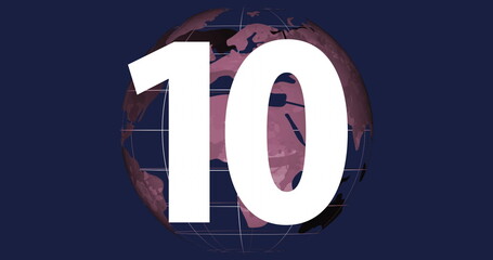 Aufkleber - Displaying bold white numeral 10 overlaying pinkish-red globe on navy background, with grid lines