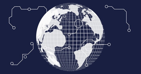 Poster - Displaying wireframe globe with continent shapes floating on dark blue field, with circuit nodes
