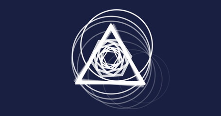 Poster - Displaying nested triangles and translucent rings on navy field, with white triangle outline