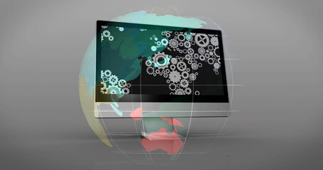 Poster - floating widescreen monitor and globe with grid rotating in virtual studio, with gear icon overlay