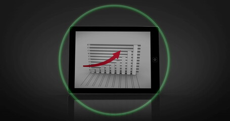 Poster - Showing tablet displaying 3D bar chart with red upward arrow in dark studio, glowing green ring