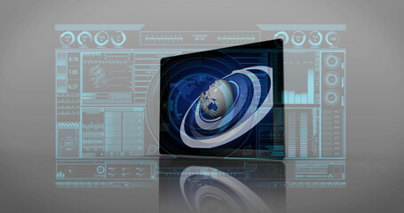 Fototapete - Holographic tablet presenting 3D Earth and orbital rings in high-tech dashboard, with UI panels