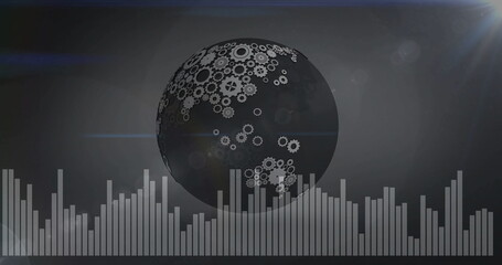 Poster - Mechanical gear sphere rotating in dark digital space, with equalizer bars and lens flare